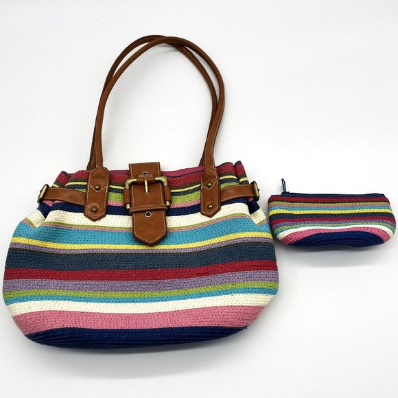Striped Mult-Color Crochet Style Magnetic Close Handbag Matching Coin Purse - Picture 1 of 9